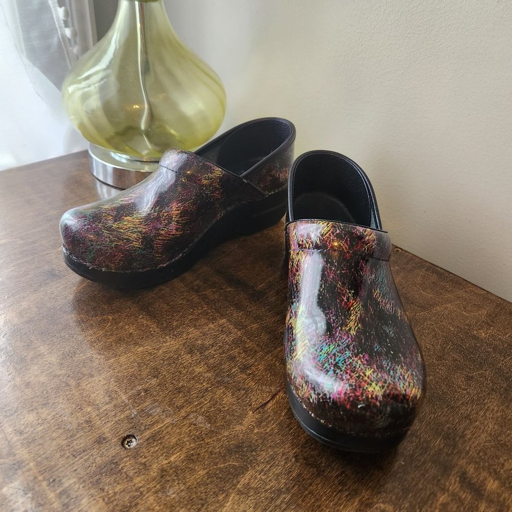 Dansko Black with multicolor neon scribble design clogs size 38